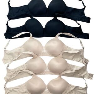 VANITY FAIR BRAS, SET OF FIVE, TWO BLACK AND THREE BEIGE, WORN ONCE OR TWICE